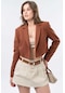 Kahverengi Kruvaze Crop Blazer Ceket Kahverengi