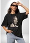 Nelson Mandela Pamuklu Bisiklet Yaka Unisex Oversize Boyfriend Dijital Baskılı Siyah T-shirt Siyah