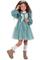 Fiyonklu Kadife Kız Çocuk Elbise - Yeşil