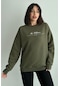 Kadın Haki The Patience Baskılı Oversize Bisiklet Yaka Sweatshirt Haki