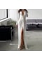 Avrupalı Ve Amerikalı Bayanlar Yeni Düz Renk Moda Derin V Yaka Uzun Kollu İnce Yarık Gece Elbisesi Beyaz