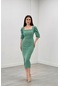 Örme Krep Kumaş Kare Yaka Yırtmaçlı Elbise - Mint Yeşili