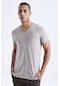 Tommy Life Koyu Bej Basic Kısa Kol Standart Kalıp V Yaka Erkek T-shirt - 87912 Koyu Bej