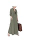 2024 Kadın Pamuk Ve Keten Düz Renk Yaka Uzun Kollu Cep Basit Gevşek Günlük Uzun Gömlek Elbise - Yeşil