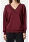Kadın Moda Şık Bol V Yaka Düşük Kol Uzun Geniş Kalıp Kalın V Yaka Örme Sweatshirt Bordo