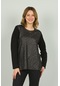 Detay Triko Kadın Önü Parlak Kumaş Ve Desenli Uzun Kol Bluz 4589 Siyah