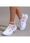 Pembe Kadın Taşlı Dekor Slip On Spor Ayakkabı, Çiçek Ve Kelebek Baskılı - Nefes Alabilen Örgü Koşu Ayakkabısı