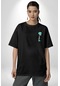 Squidwads Ahtapot Siyah Oversize Unisex Ön Sol Yan Minimal Baskılı Tişört Koyu Siyah