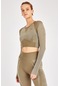 Maraton Active Slimfit Kadın Bisiklet Yaka Uzun Kol Fitness Haki Crop Top 816013 Haki