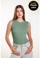 Kadın Fitilli Likralı Sıfır Kol Bisiklet Yaka Örme Atlet Tshirt Bluz Çağla Yeşili
