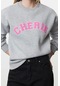 Oversize Bisiklet Yaka Düşük Kol Uzun Kalın Polarlı Rahat Kesim Slogan Nakışlı Örme Sweatshirt Gri Melanj
