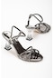 Çapraz Taşlı Ayna Malzeme Platin Kadın Şeffaf Topuklu Abiye Ayakkabı-2717-platin