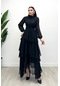 Şifon Kumaş Büzgü Detaylı Katkat Elbise - Siyah