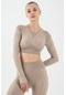 Maraton Active Slimfit Kadın Bisiklet Yaka Uzun Kol Fitness Açık Vizon Crop Top 816013 Açık Vizon