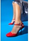 Luvishoes Julıa Kırmızı Rugan Yuvarlak Burun Bilekten Bağlamalı Kadın Yüksek Topuklu Ayakkabı
