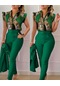 Bayanlar Yeni Günlük Moda İnce Baskılı Lotus Kollu Düz Renk Takım Elbise Yeşil