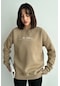 Kadın Vizon The Patience Baskılı Oversize Bisiklet Yaka Sweatshirt Vizon