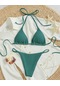 Ikkb Yaz Düz Renk Yular Boyun Dantel Bölünmüş Kadın Bikini Takım Tavuskuşu Yeşili