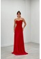 Tül Kumaş Straplez Şal Detaylı Elbise - Kırmızı