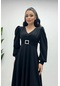 Krep Kumaş Kemer Detaylı Midi Elbise - Siyah