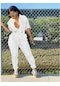 Mengtuo Kadın Stil Düz Renk Yaka Fermuarlı Bel Uzun Çift Cepli Geniş Tulum Beyaz
