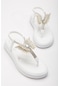 Kelebek Taş Figürlü Cilt Beyaz Kadın Düz Taban Parmak Arası Sandalet-2989-beyaz