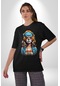 Hippie Cesur Stil Dövmeli Kız Pamuklu Bisiklet Yaka Unisex Oversize Boyfriend Dijital Baskılı Siyah T-shirt Siyah