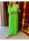 Uzun V Yaka Polyester Dokuma Düz Kesim Elbise Yesil