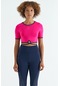 Tommy Life Fuşya Bel Bağlama Detaylı O Yaka Standart Kalıp Dalgıç Kumaş Kadın Crop T-shirt - 97266 Fuşya