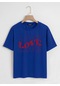 Unisex Oversize Bisiklet Yaka Theree Love Baskılı Basic T-shirt - Saks Mavisi Saks Mavisi
