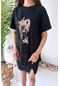 Kısa Kol Çiçek Ve Leopar Baskılı Kadın T-shirt - Siyah