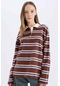 DeFacto Coool Loose Fit Polo Yaka Çizgili Uzun Kollu Tişört E4915AX25SPBN319 Kahve