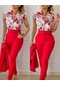 Bayanlar Yeni Günlük Moda İnce Baskı Fırfır Kollu Düz Renk Takım Elbise Kırmızı