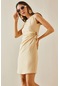 Bej Büzgü Detaylı Askılı Örme Midi Elbise 5yxk6-48533-25