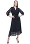 Kadın Siyah Kruvaze Yaka Kuşaklı Şifon Elbise-19432-siyah