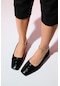 Pohan Siyah Rugan Taş Detaylı Kadın Babet Ayakkabı