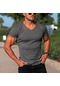 Koyu Gri Su Erkek Casual Slim Fit Temel Kısa Kollu Moda Tişört V Yaka Yaz Üst