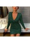 Ikkb Kadın V Yaka Çanta Kalça Moda Elbise Koyu Yeşil