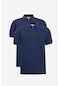 2'Li Çekmeyen Pamuklu Kumaş Slim Fit Dar Kesim Kıvrılmaz Polo Yaka Tişört Paketi Lacivert-Lacivert