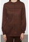 Tarz Kadın Modern Moda Normal Bel Boru Paça V Yaka Nervürlü Oversize Örme Alt-üst Takım Kahverengi