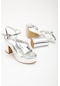 Kırışık Cilt Çapraz Taş Detaylı Gümüş Kadın Platform Topuklu Abiye Sandalet Ayakkabı-2917-gümüş