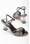 3 Bant Taşlı Ayna Malzeme Platin Kadın Şeffaf Topuklu Abiye Ayakkabı-2721-platin