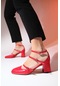 Luvishoes Beın Kırmızı Cilt Kadın Kalın Topuklu Ayakkabı