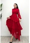 Şifon Kumaş Büzgü Detaylı Katkat Elbise - Kırmızı