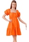 Kadın Turuncu Yaka Büzgülü Kloş Poplin Elbise-26031-turuncu