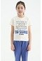 Tommy Life Ekru O Yaka Yazı Baskılı Rahat Form Kısa Kollu Cropped Kız Çocuk T-shirt - 75118 Ekru