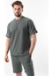 Haki Nakış Detaylı Erkek Şort T-shirt Takım E7305 Haki