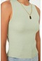 Moda Bisiklet Yaka Triko Slim Düz Desen Casual Günlük Crop Kolsuz Bluz Mint