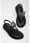 Kelebek Taş Figürlü Cilt Siyah Kadın Düz Taban Parmak Arası Sandalet-2986-siyah