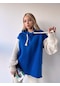 Kadın Kolları Triko Oversize Curve Tasarım Saks Mavi Sweatshirt